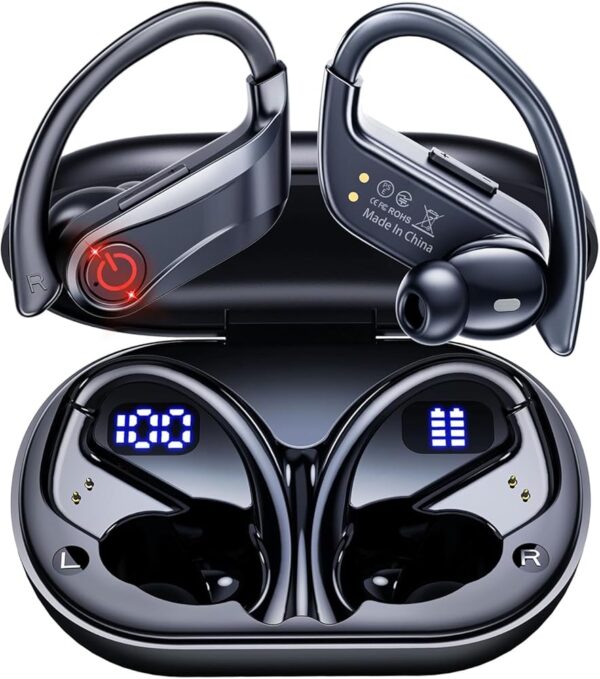 EUQQ Wireless Earbuds Bluetooth 5.3 Sports Over-Ear Headphones with Earhooks, 120H Playtime, Waterproof, LED Power Display, Black