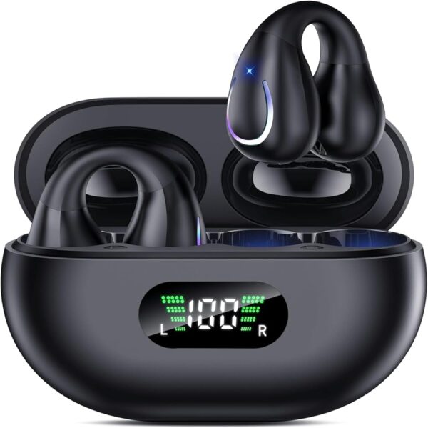 Open Ear Clip Wireless Earbuds Bluetooth 5.3, Sports Earphones Built-in Microphone with Earhooks & Ear Hook, Wireless Charging Case & Display, Waterproof Fitness Headphones for...