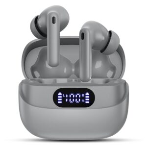 Wireless Earbuds, 42H Playtime Bluetooth 5.3 Headphones, HiFi Stereo Call Noise Cancelling Earbuds, IPX7 Waterproof Stereo in-Ear Earphones with LED Display for iOS Android (Gray)