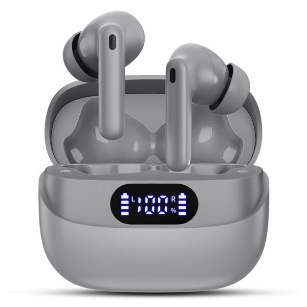 Wireless Earbuds, 42H Playtime Bluetooth 5.3 Headphones, HiFi Stereo Call Noise Cancelling Earbuds, IPX7 Waterproof Stereo in-Ear Earphones with LED Display for iOS Android (Gray)