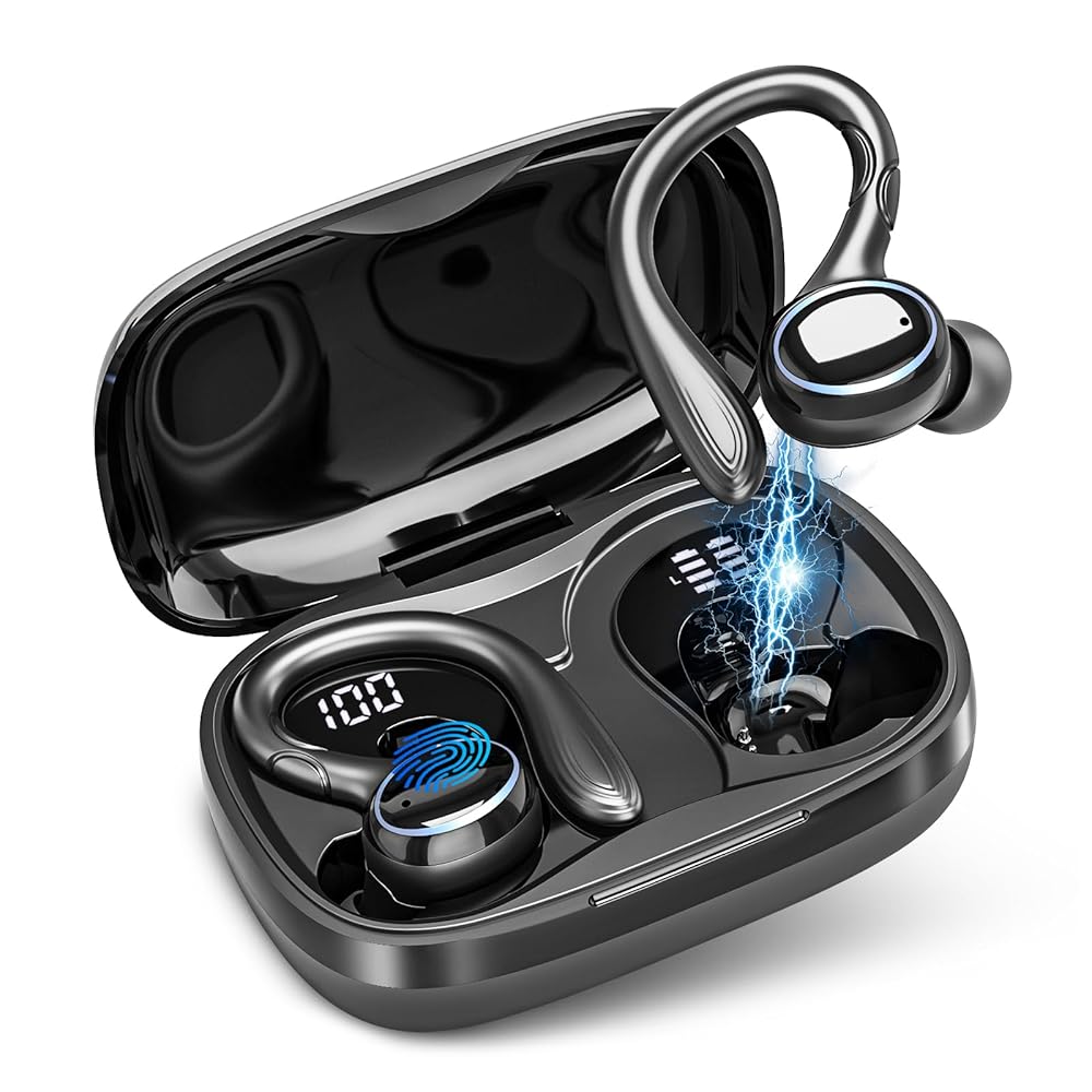 Wireless Earbuds Bluetooth 5.3 Headphones Stereo Ear Buds, ENC Noise Cancelling Mic,IPX7 Waterproof Earphones with Hook for Android iOS Smart Phone Laptop Computer Sports - Black