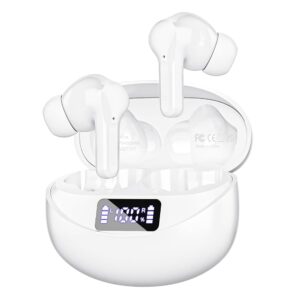 Wireless Earbuds, Bluetooth Headphones 5.3 HiFi Stereo, Wireless Earphones with ENC Noise Cancelling Mic, LED Digital Display in Ear Buds White