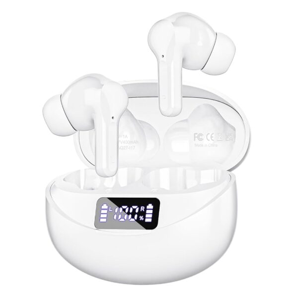 Wireless Earbuds, Bluetooth Headphones 5.3 HiFi Stereo, Wireless Earphones with ENC Noise Cancelling Mic, LED Digital Display in Ear Buds White